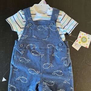 Little Me Blue and White Denim Overalls with Fish Print
